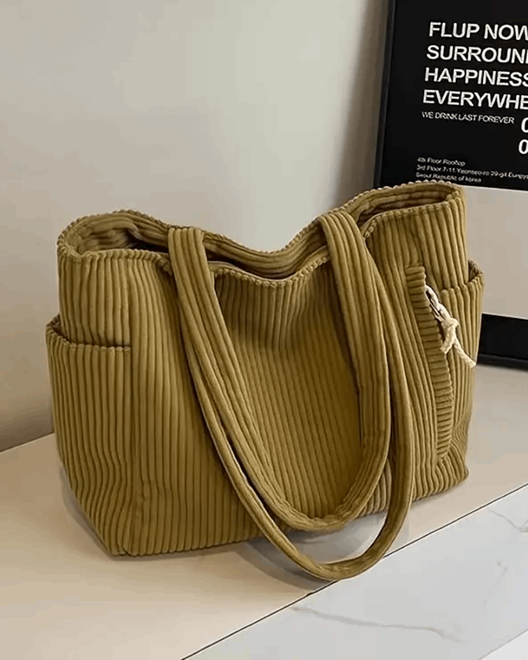 Ribbed Tote Bag with Cord Detail