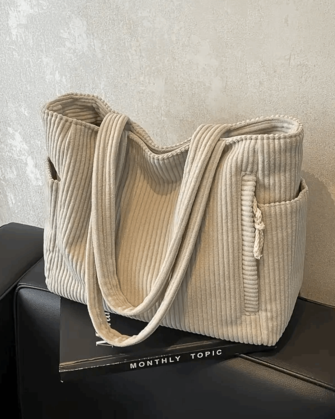 Ribbed Tote Bag with Cord Detail