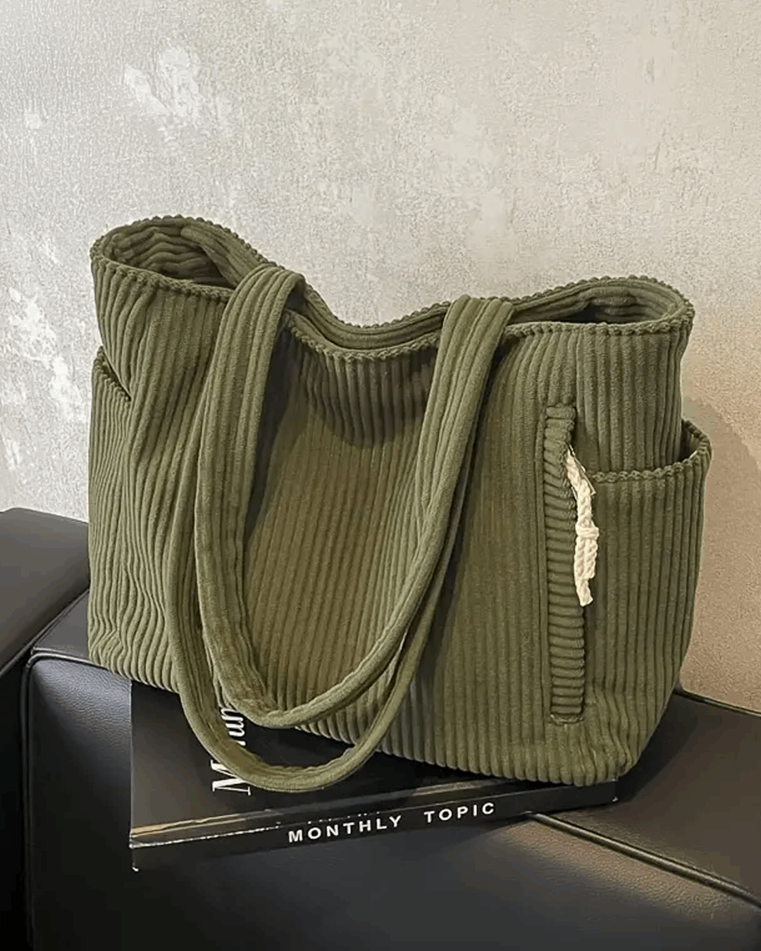 Ribbed Tote Bag with Cord Detail