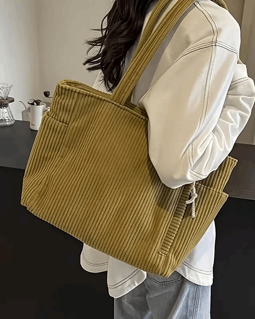 Ribbed Tote Bag with Cord Detail