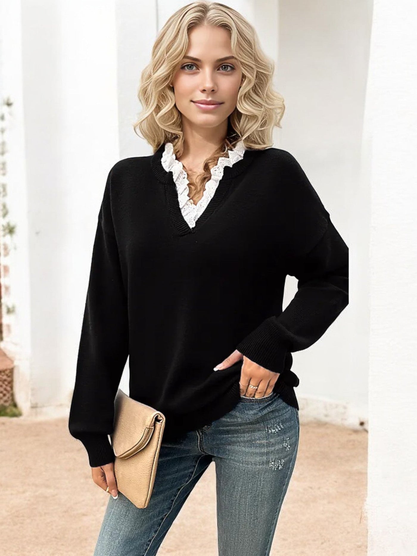 The Classic Lace-Trim V-Neck Sweater