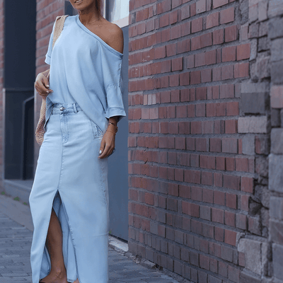 WHITE | Diagonal shoulder top with split denim maxi skirt